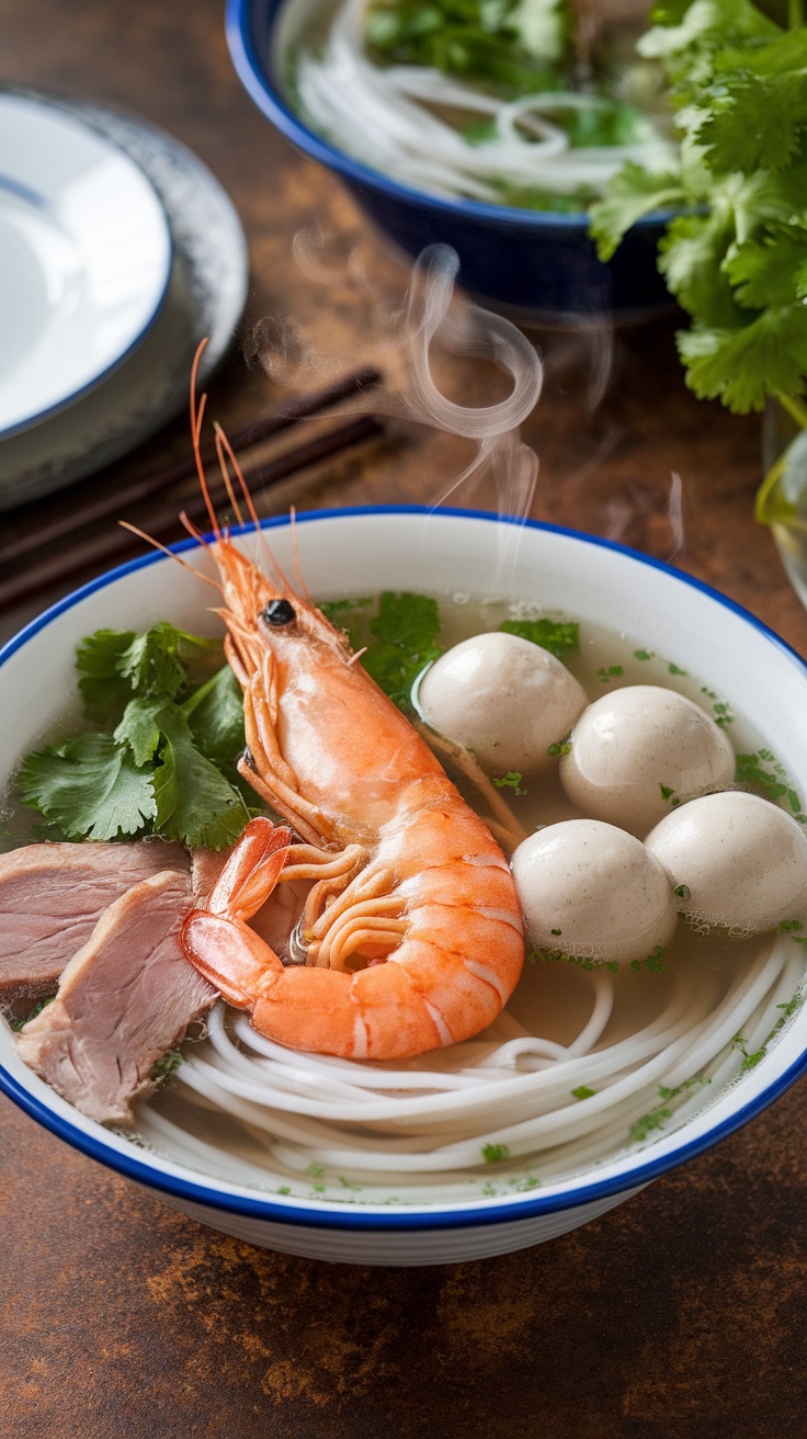 A bowl of Hủ Tiếu with shrimp, pork, and fresh herbs in clear broth on a rustic table.