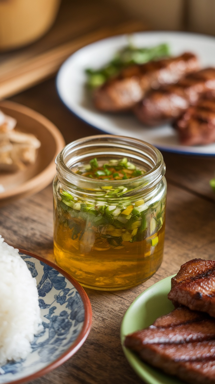 Jar of scallion oil (Mỡ Hành) with scallions, served with rice and grilled meats.