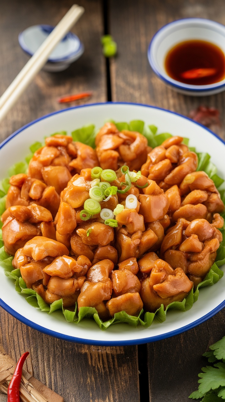 Vietnamese Caramelized Chicken (Gà Kho) served over rice with green onions and chili garnishes.