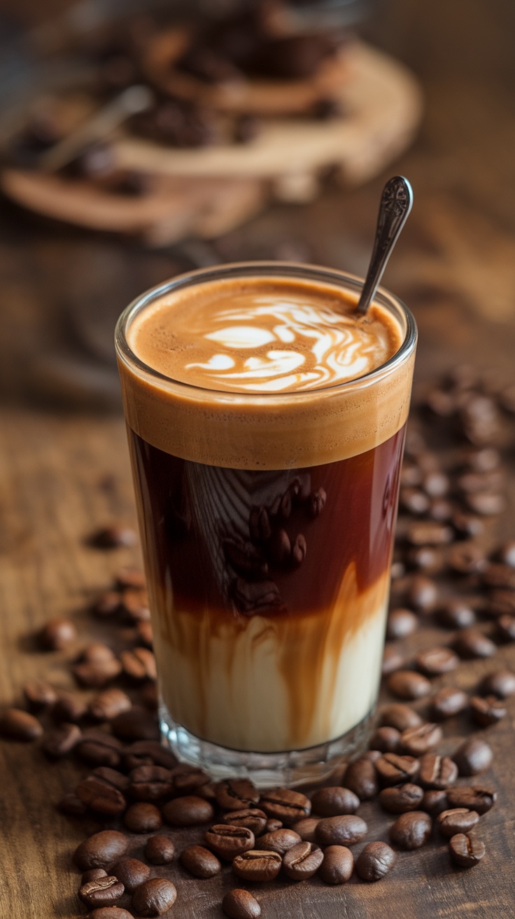 A refreshing glass of Vietnamese iced coffee with ice and sweetened condensed milk, surrounded by coffee beans.