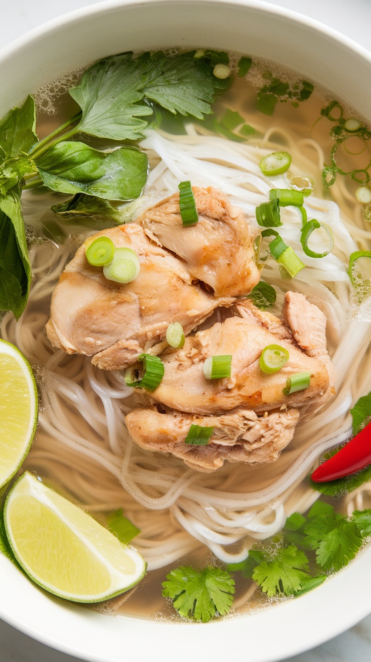 A delicious bowl of Vietnamese Chicken Pho with chicken, rice noodles, fresh herbs, and lime.