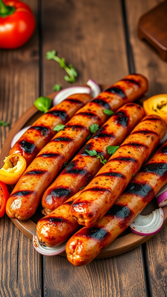 Grilled Italian sausages served with colorful bell peppers and onions.