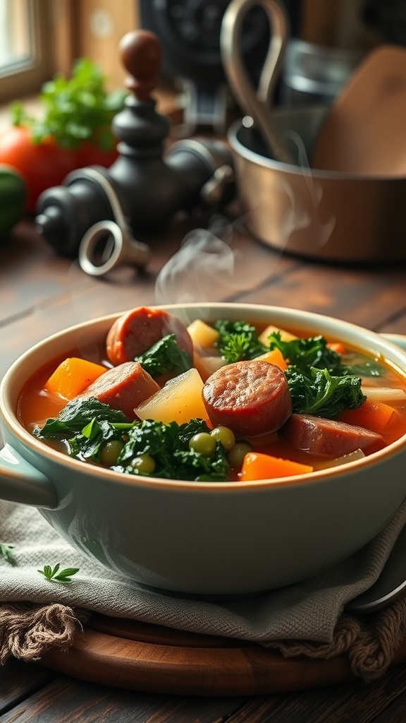 A bowl of Italian Sausage and Kale Soup with vegetables and sausage slices.