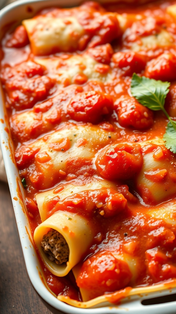 A dish of Italian Sausage Lasagna Rolls in marinara sauce topped with melted cheese.