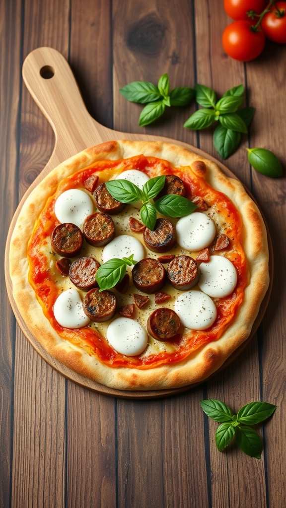 Freshly baked Italian sausage pizza with mozzarella and basil
