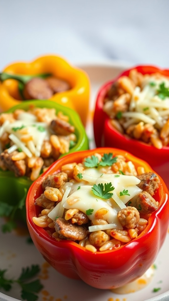 Stuffed bell peppers filled with Italian sausage and rice, topped with melted cheese.