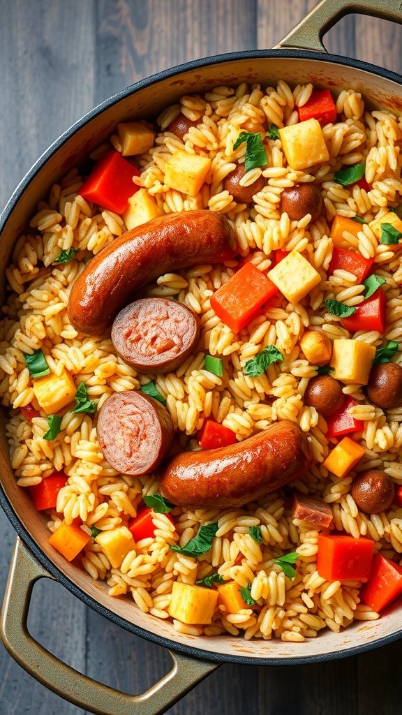 One-Pot Italian Sausage and Rice dish with colorful vegetables and sausages