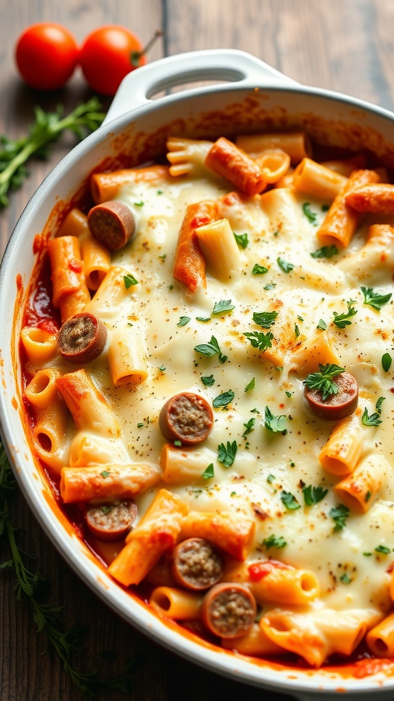 A delicious Spicy Italian Sausage Pasta Bake topped with melted cheese and garnished with parsley.
