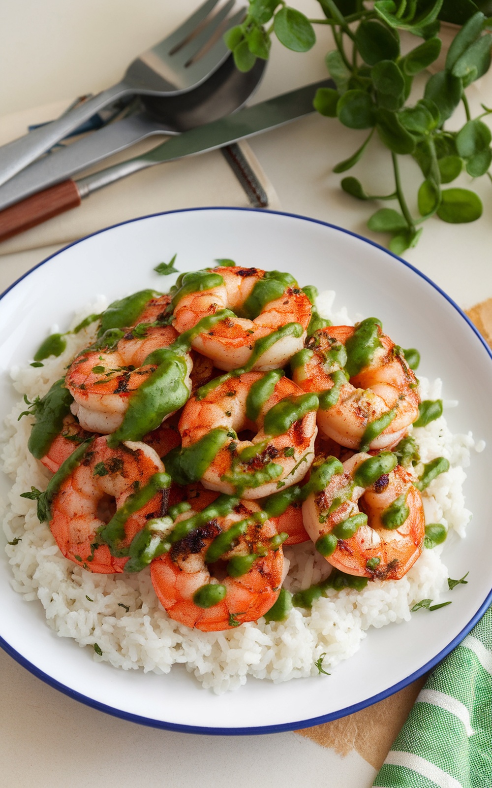 Grilled shrimp drizzled with chimichurri sauce on a bed of rice.
