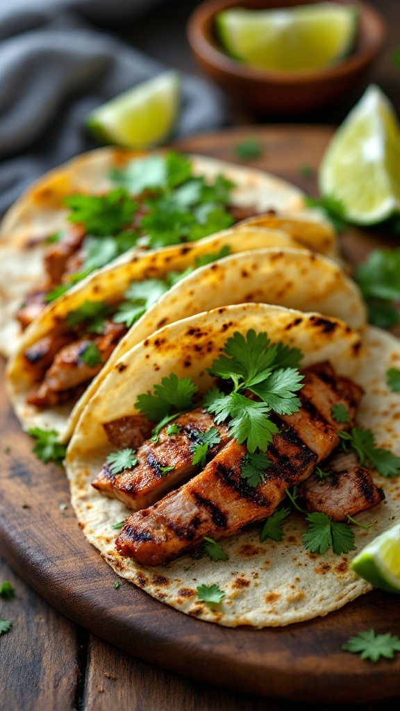 Grilled pork tenderloin tacos with cilantro and lime on a wooden platter