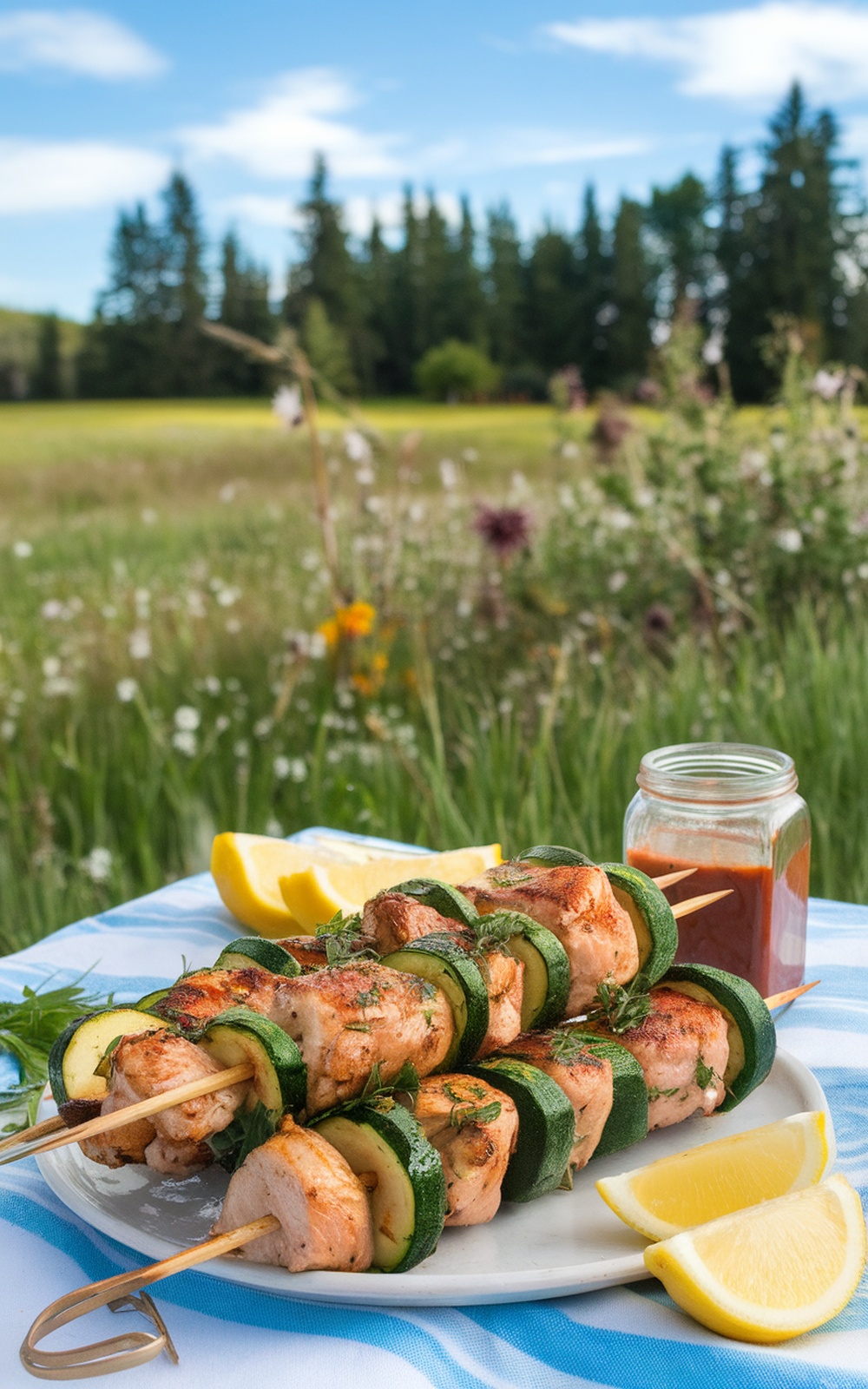 Plate of grilled chicken and zucchini skewers with lemon slices and sauce in the background.