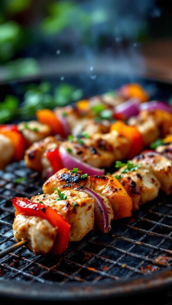 Grilled chicken kabobs with colorful peppers and onions on a grill.