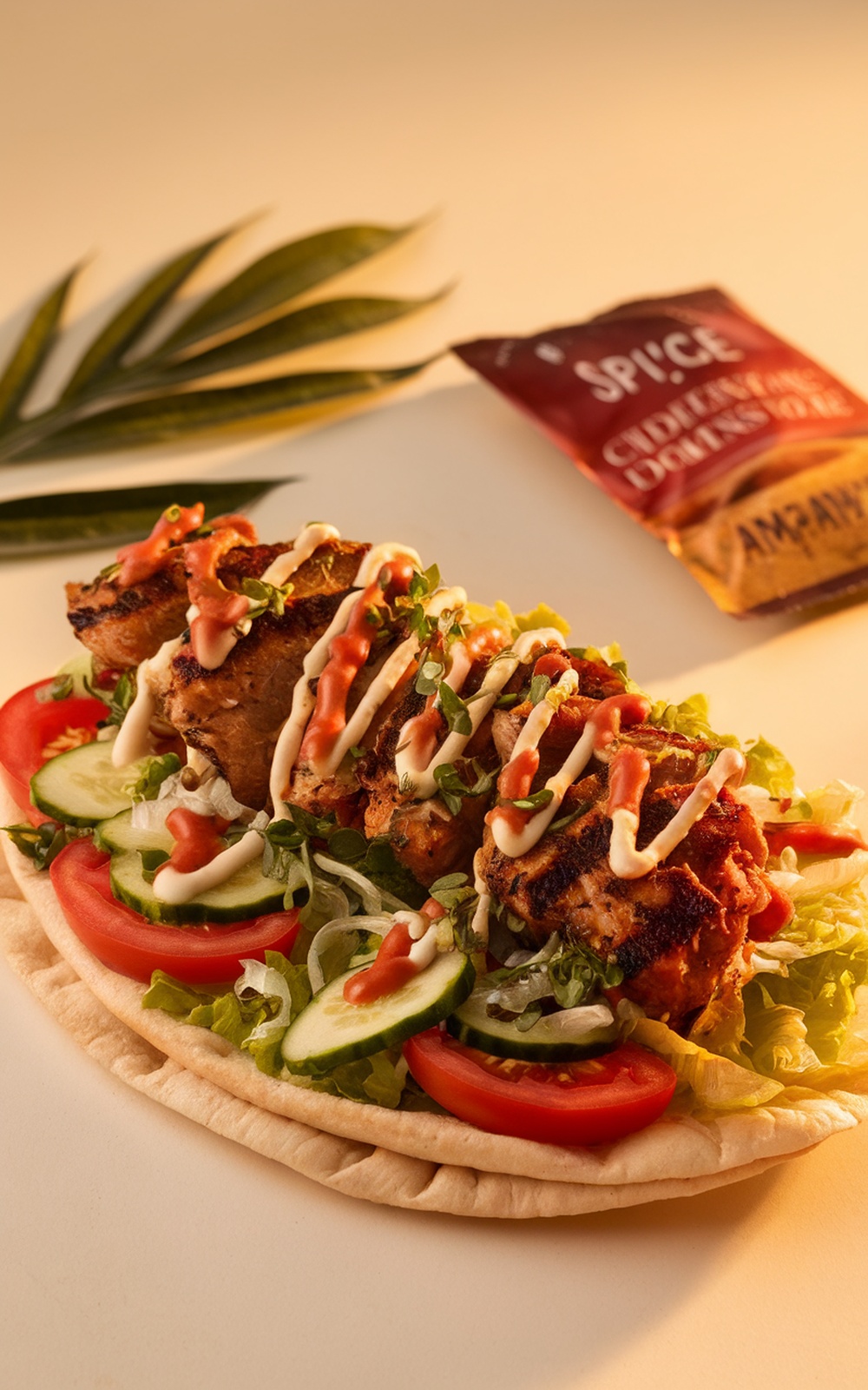 Grilled chicken shawarma served in pita with fresh vegetables and sauces.