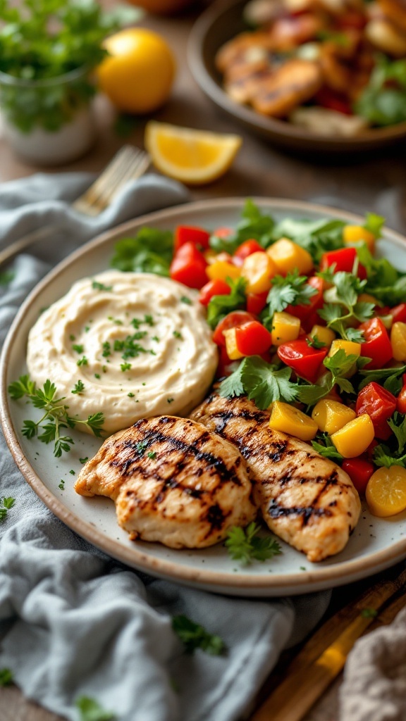 A plate of grilled chicken, banana pepper dip, and a colorful fattoush salad.