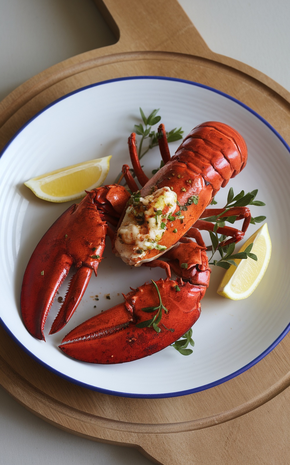 A beautifully grilled lobster garnished with herbs and lemon slices on a plate