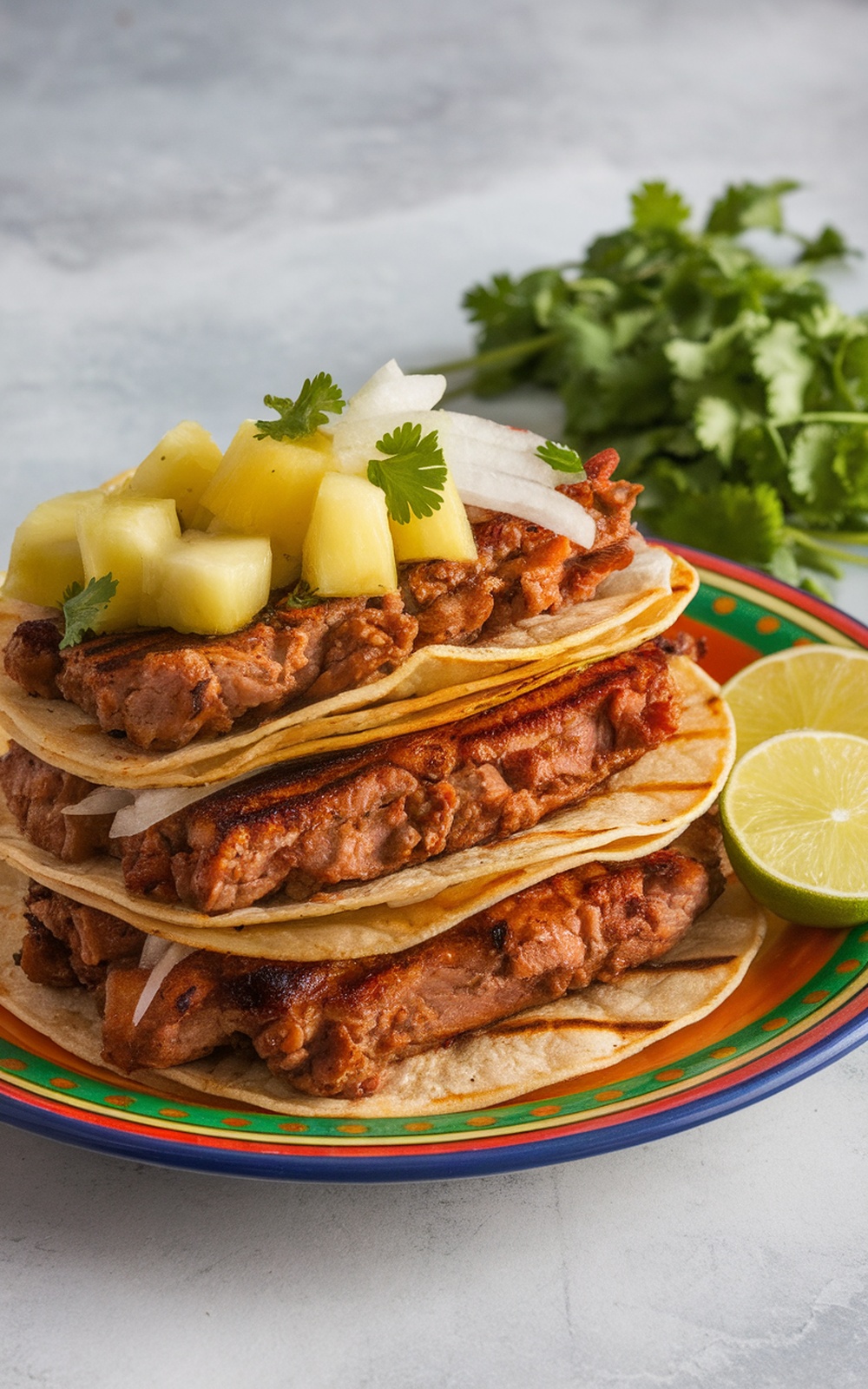 A plate of grilled pork tacos al pastor topped with pineapple and onions.