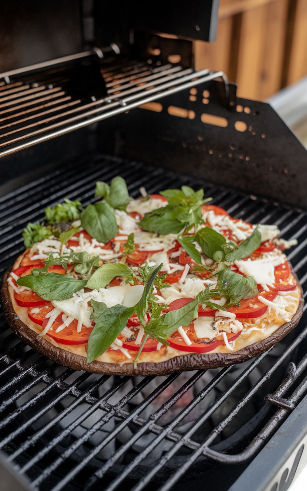 Grilled Portobello mushroom pizza with tomatoes and greens on the grill.