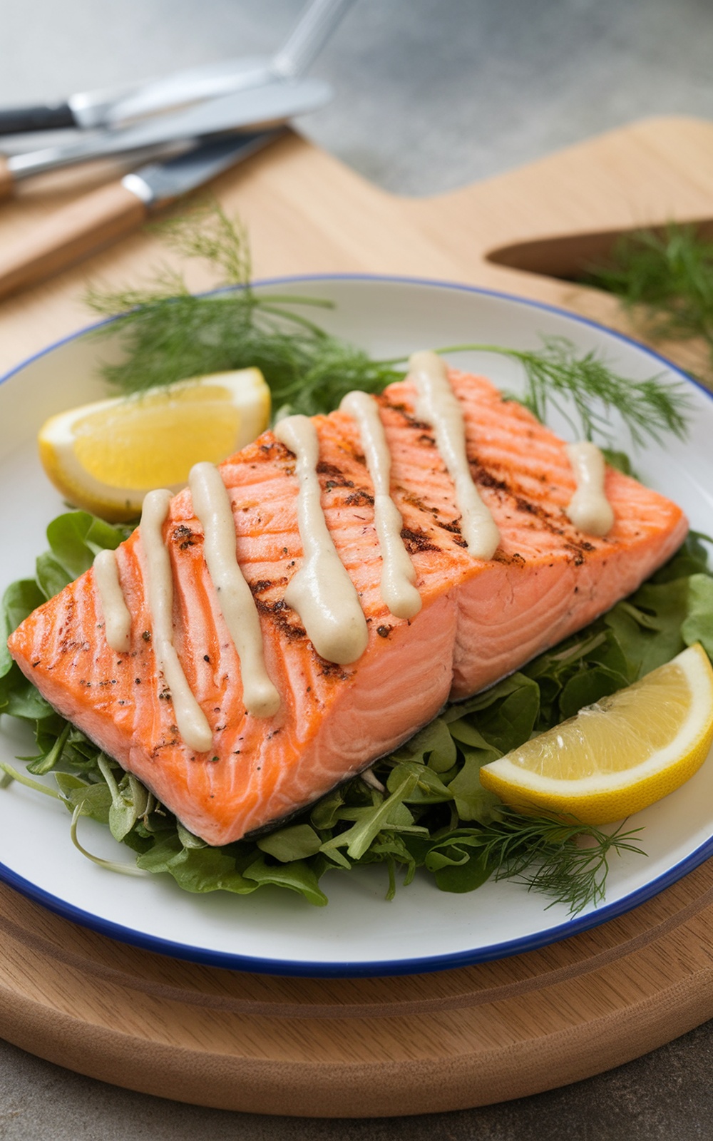 Grilled salmon fillet on a plate with lemon and dill sauce