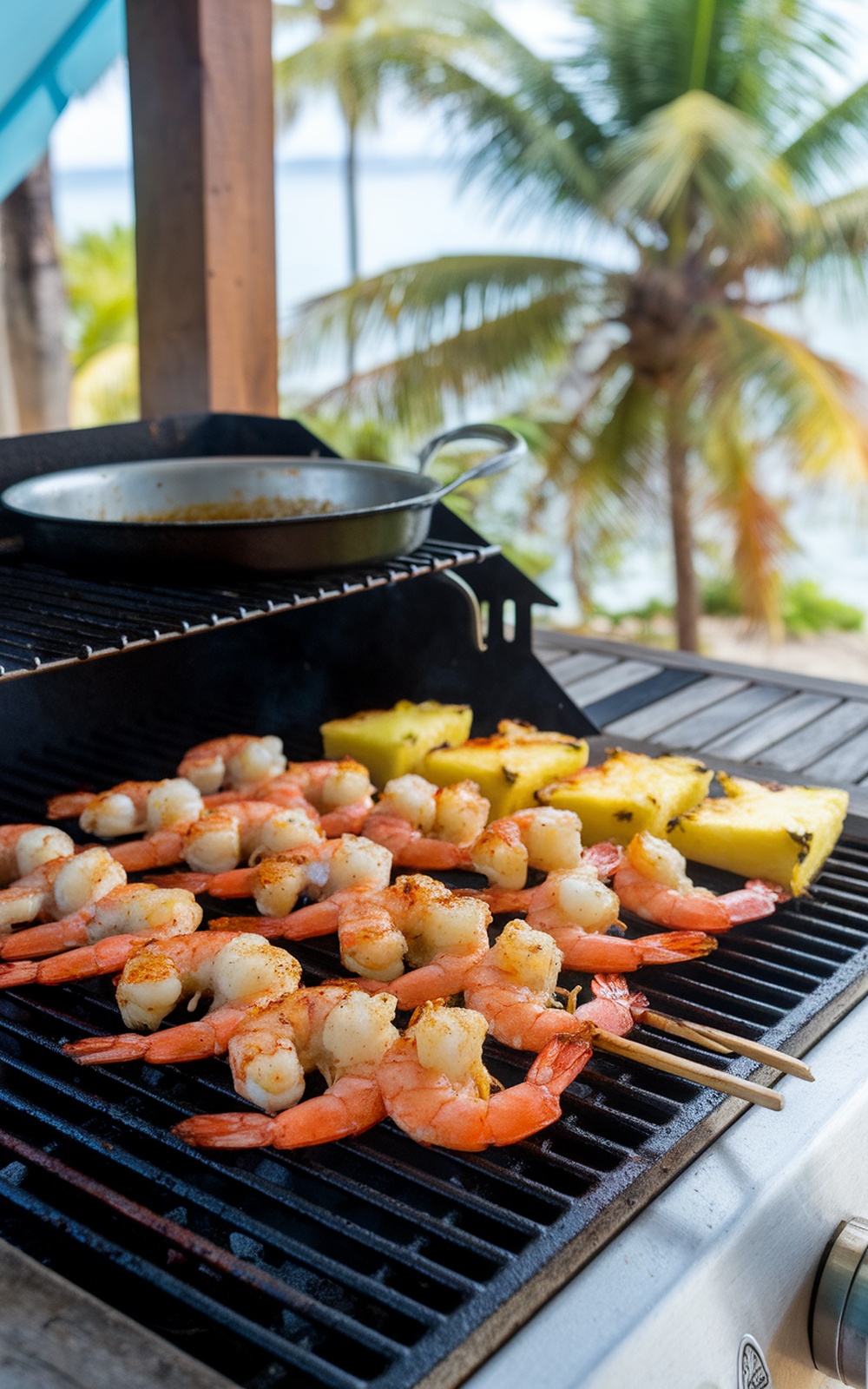 Grilled shrimp and pineapple skewers on a grill with palm trees in the background.