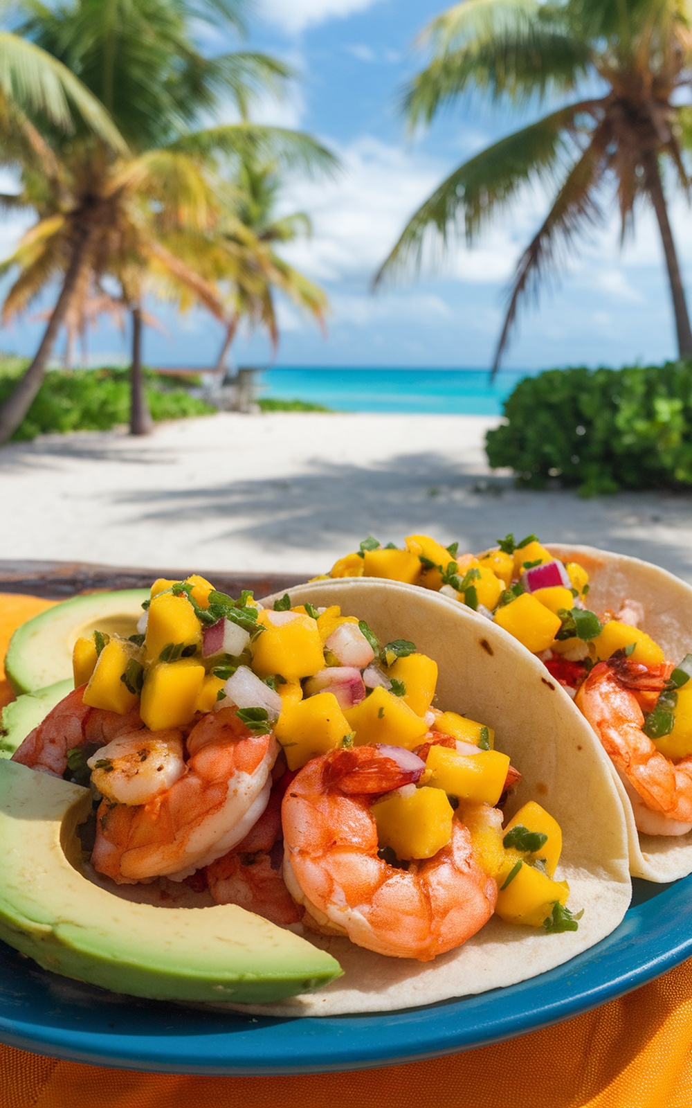 A plate of grilled shrimp tacos topped with mango salsa, served with avocado, against a beach backdrop.