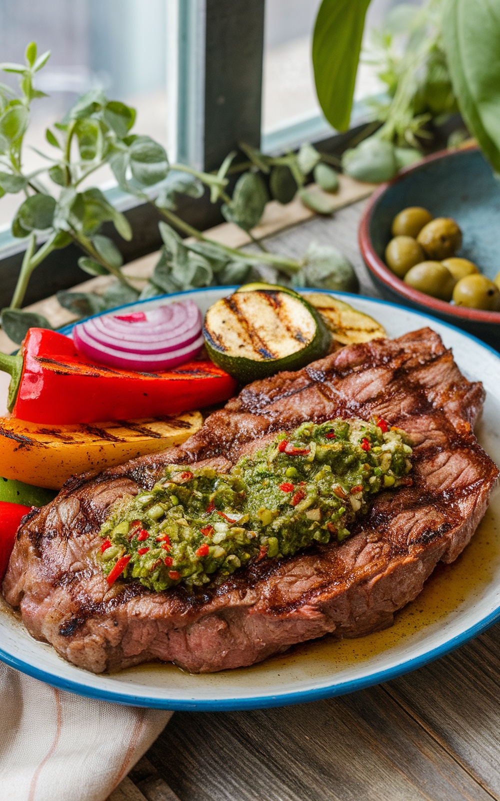A plate of grilled skirt steak topped with chimichurri sauce, surrounded by colorful grilled vegetables.