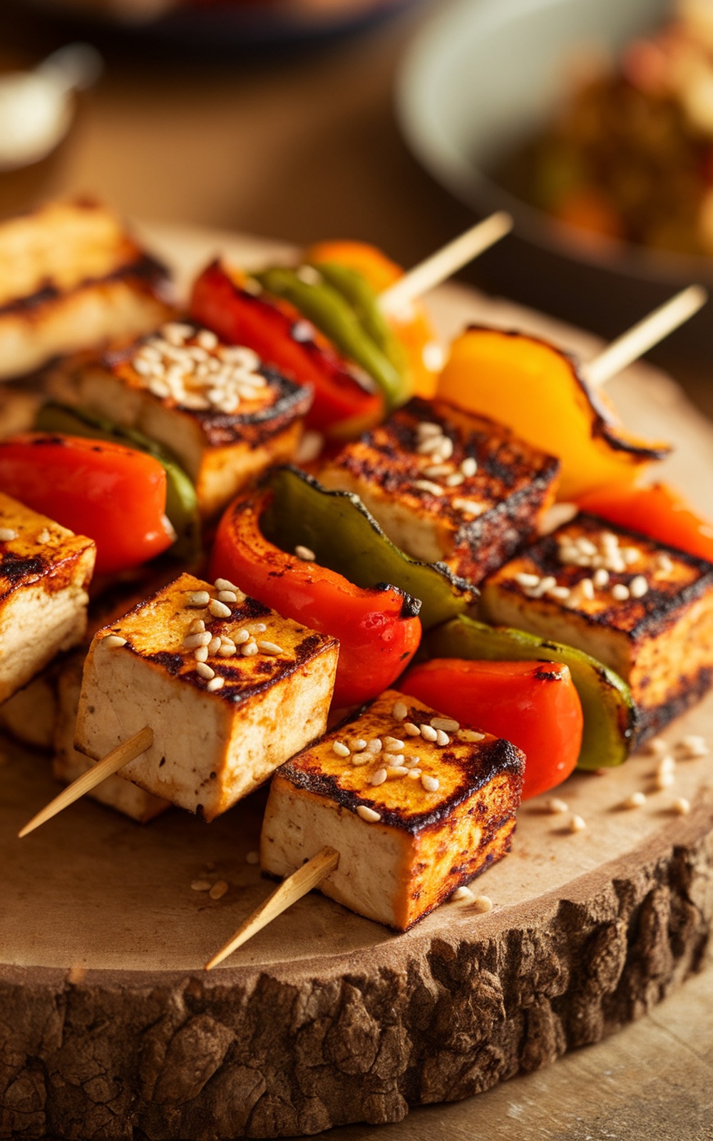 Grilled tofu and bell pepper skewers on a wooden platter.