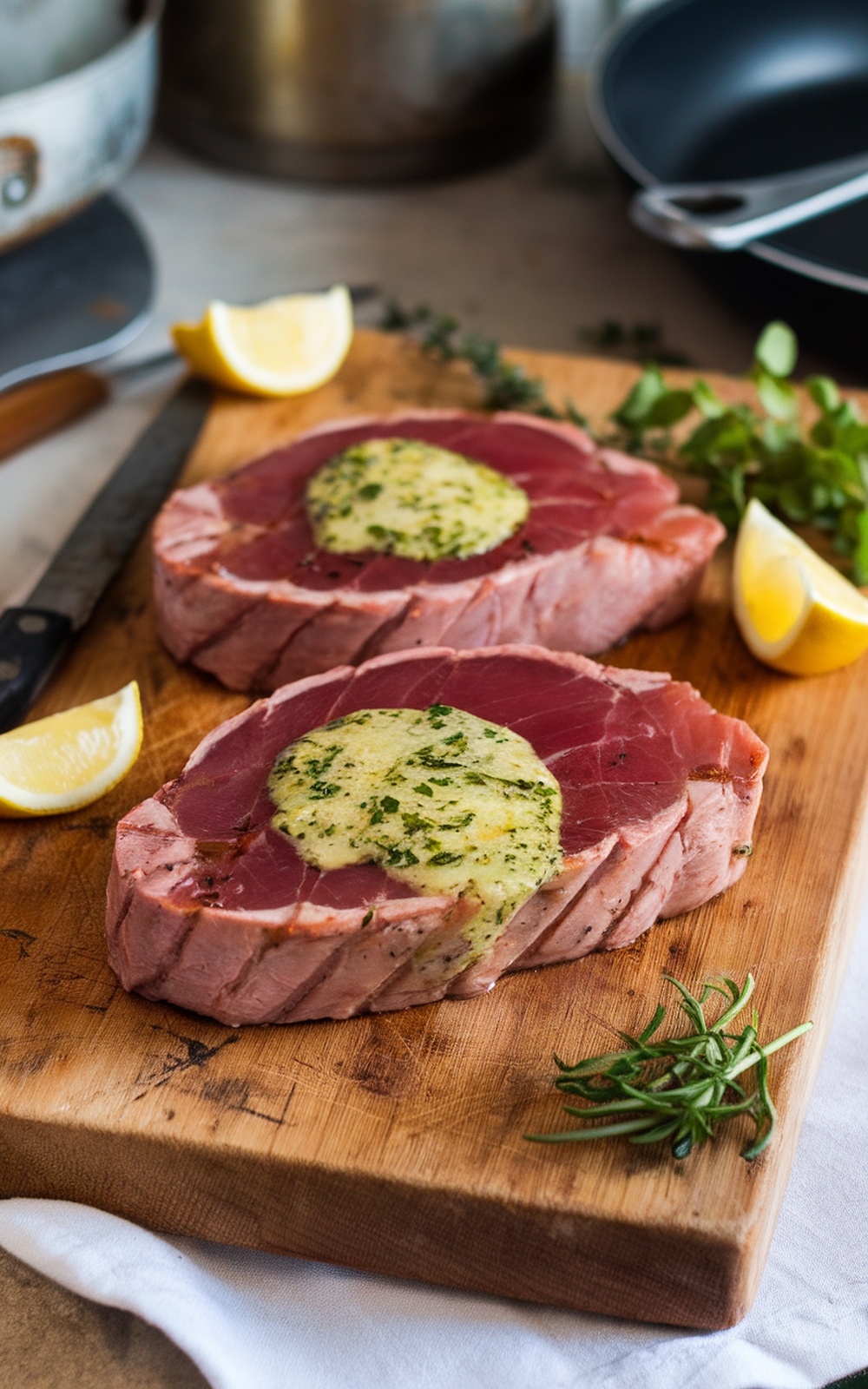 Grilled tuna steaks on a wooden board with herb butter and lemon slices