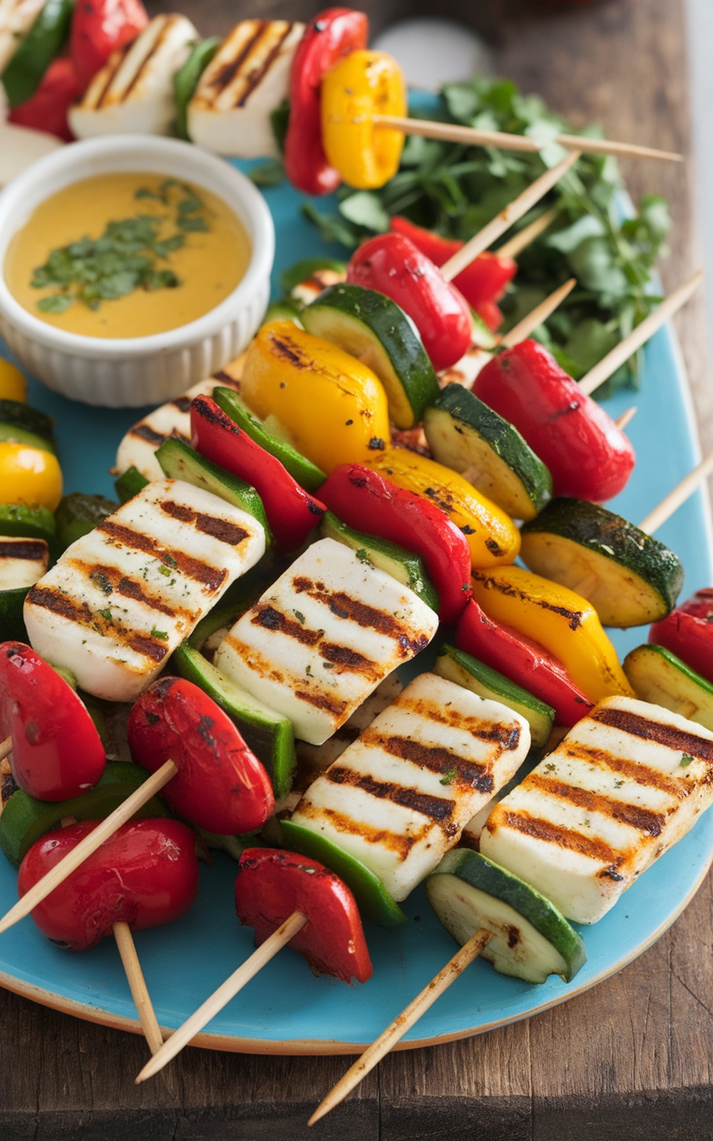 Colorful grilled vegetable and halloumi skewers served with a dip
