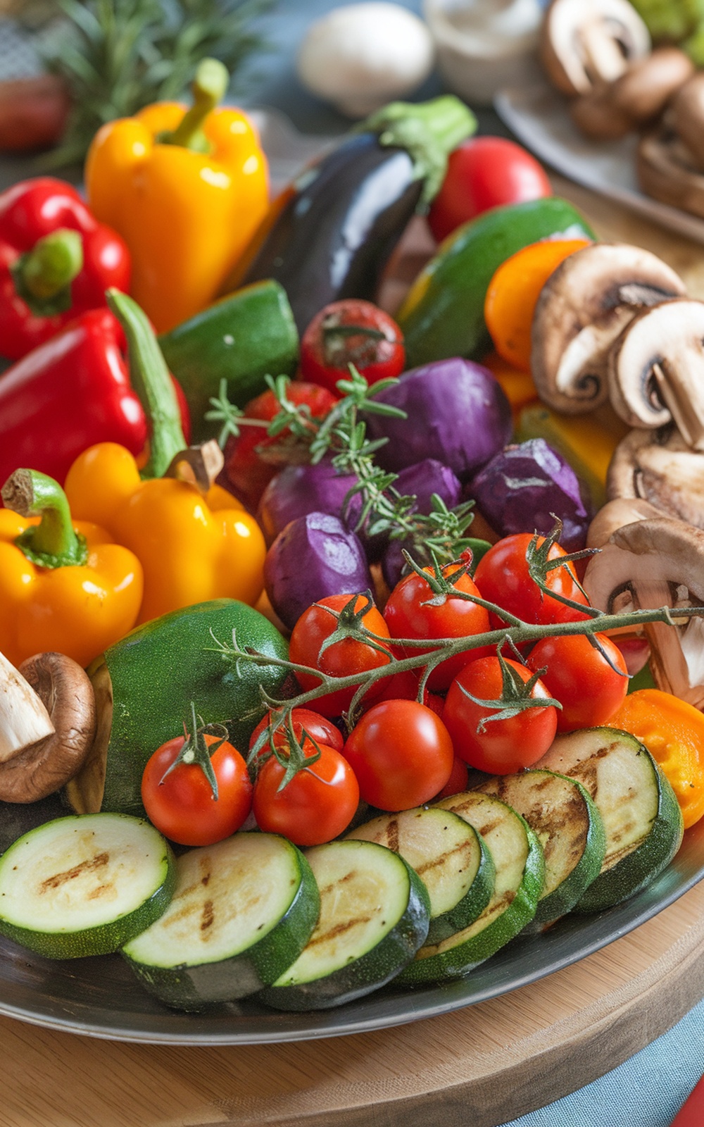 A vibrant assortment of grilled vegetables including bell peppers, zucchini, and cherry tomatoes on a platter.