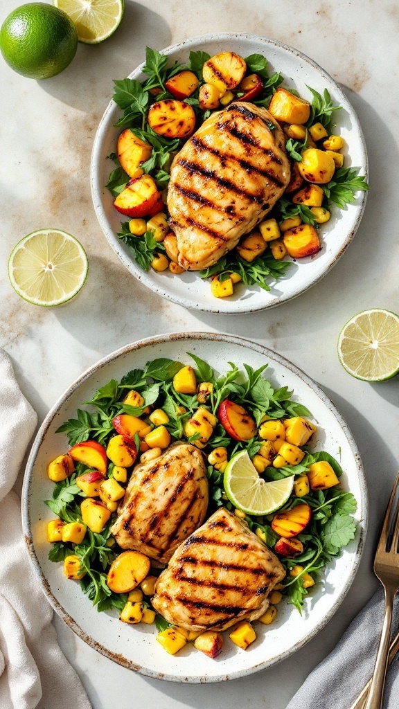 Grilled chicken with peach and corn salad on plates, garnished with lime.
