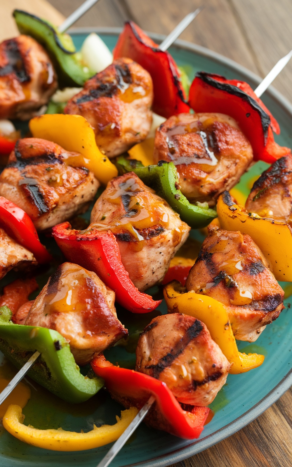 A plate of Middle Eastern-style grilled chicken kabobs with colorful bell peppers.
