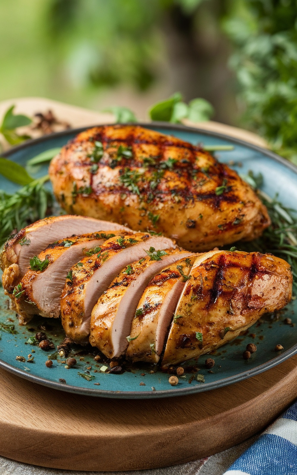 Perfectly grilled chicken breasts served on a turquoise plate, garnished with herbs.