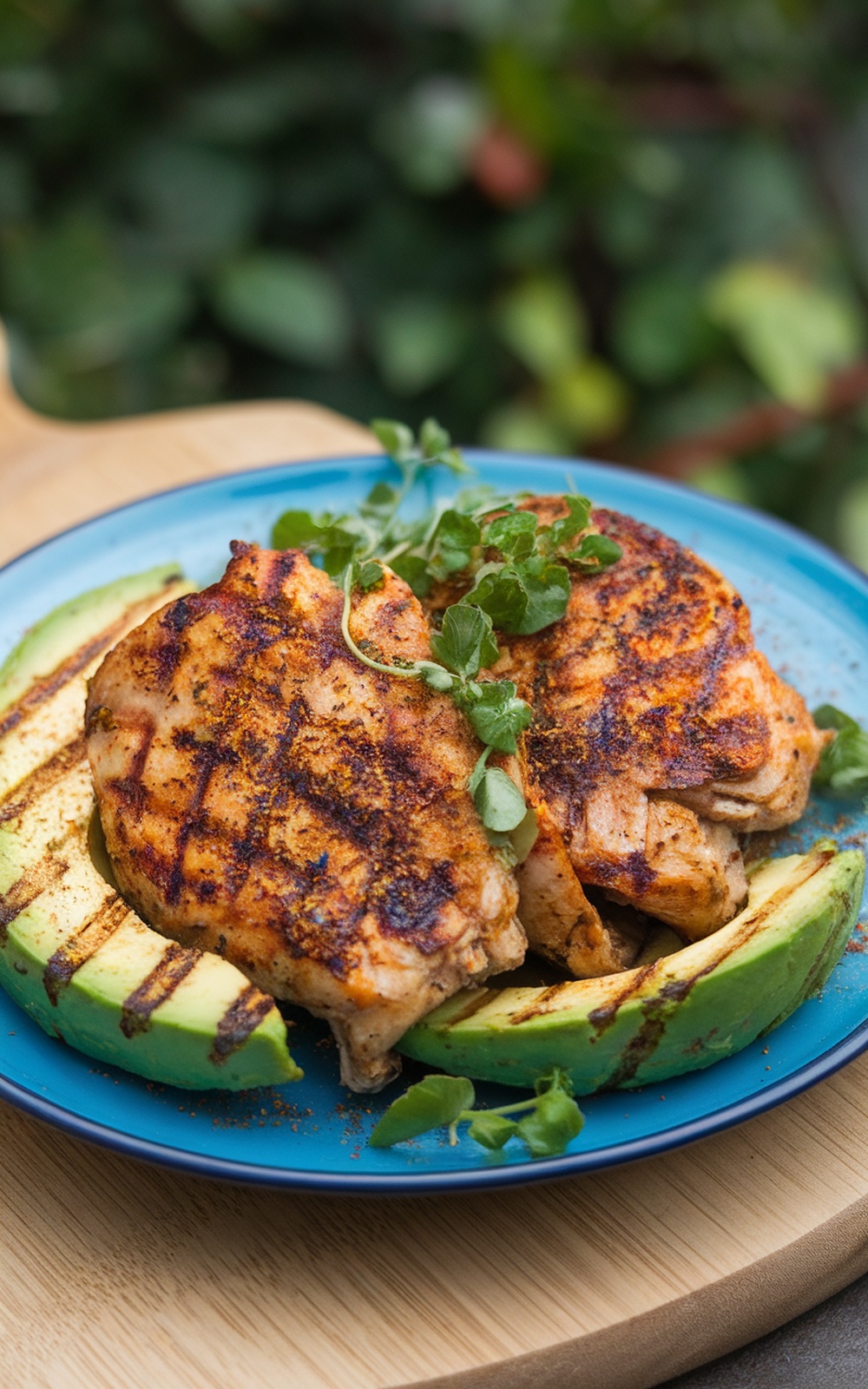 Spiced grilled chicken served with grilled avocado on a blue plate, garnished with herbs.