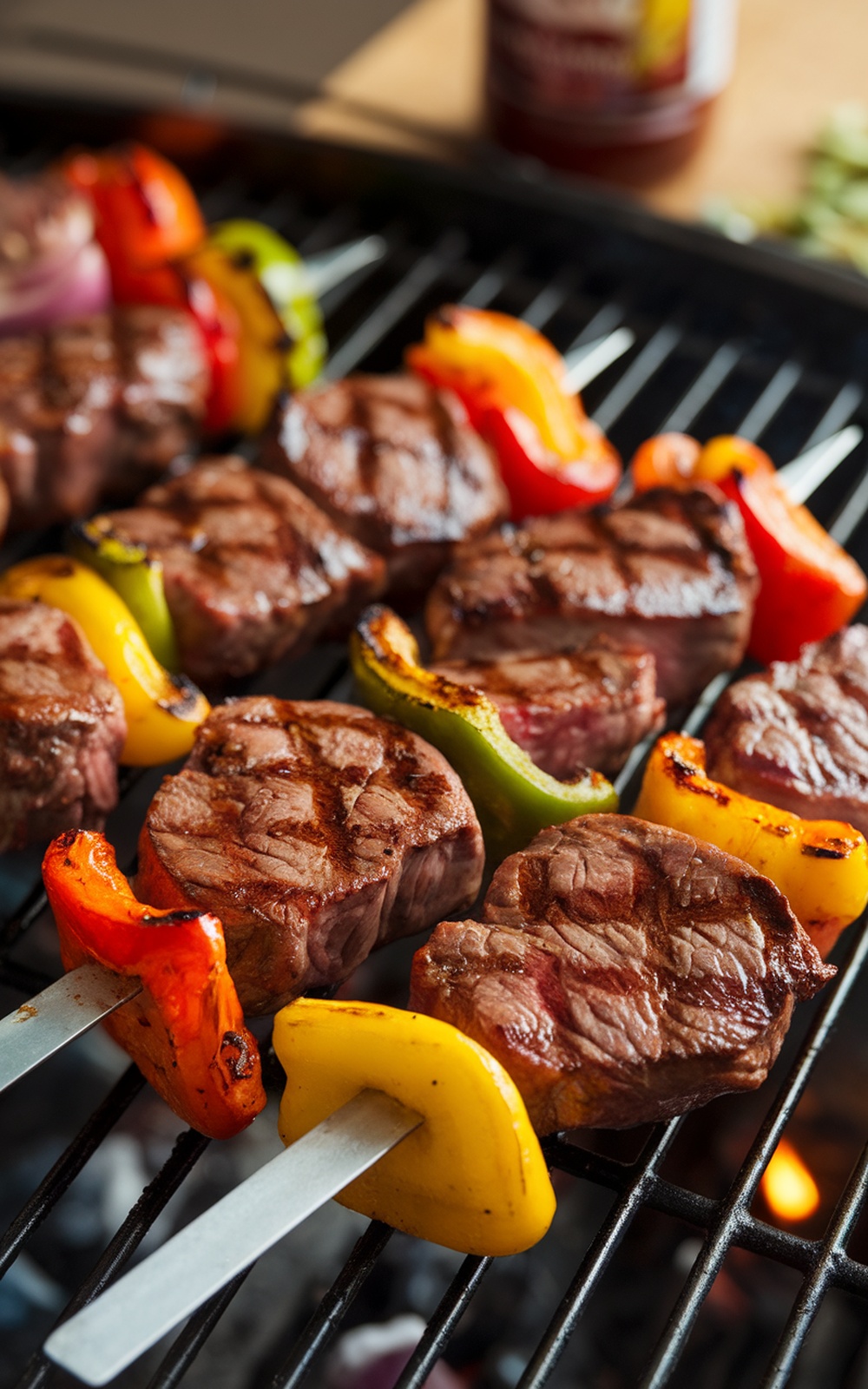 Grilled steak fajita skewers with colorful peppers and onions on the grill.