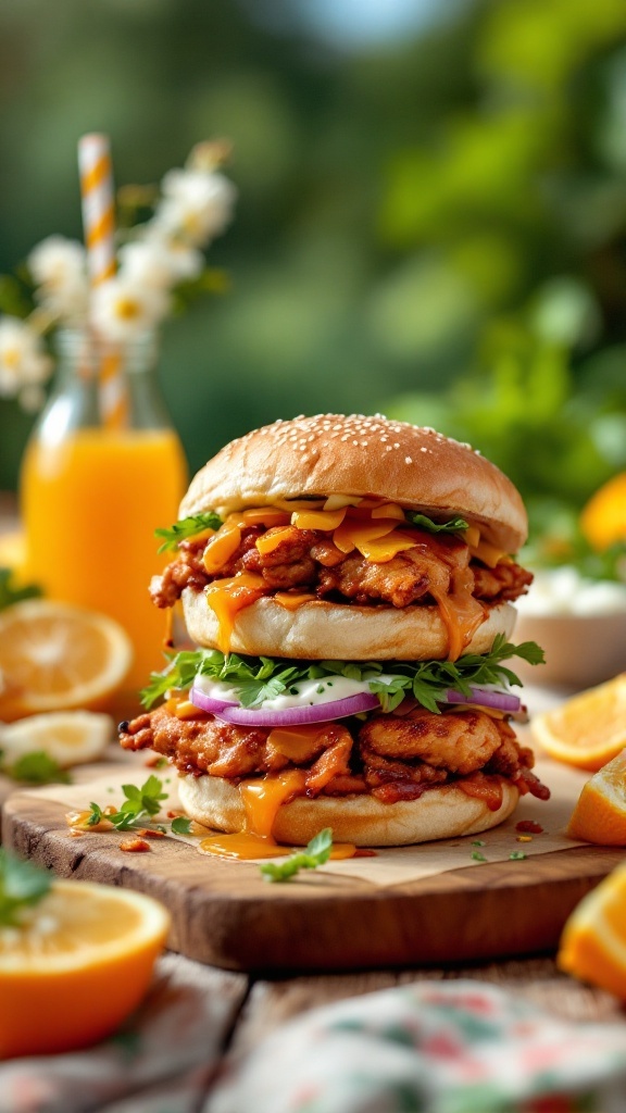 A delicious orange juice BBQ chicken sandwich with layers of crispy chicken, cheese, and fresh vegetables.