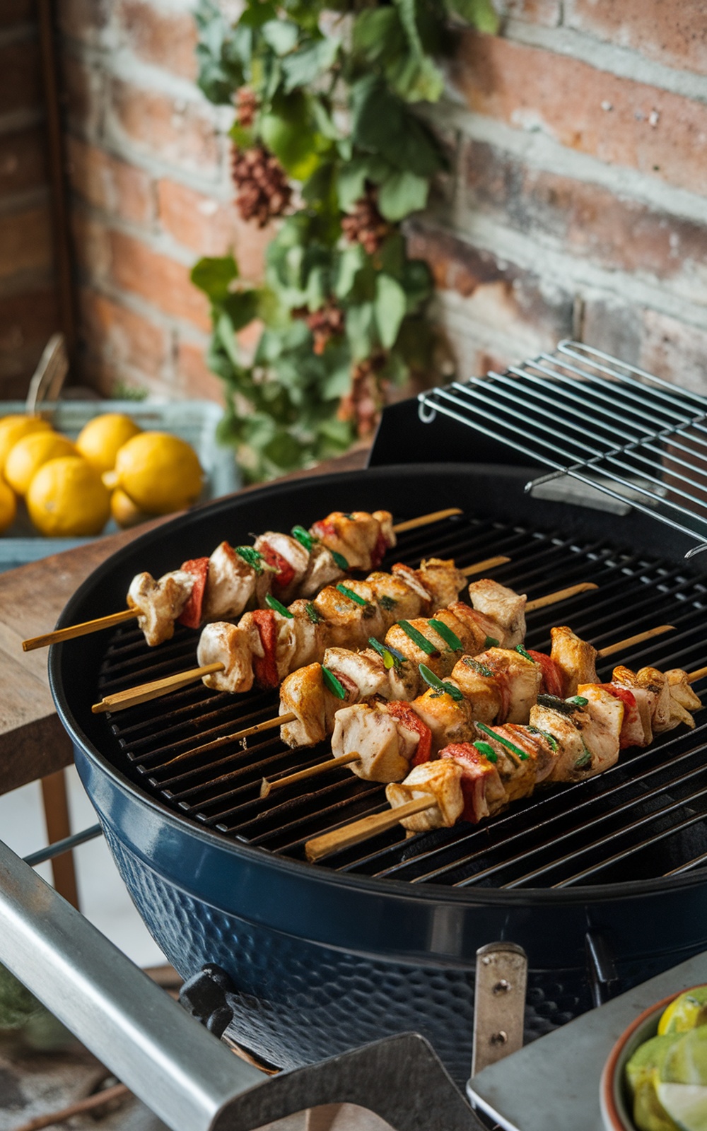 Grilled chicken skewers on a barbecue grill with fresh ingredients in the background.