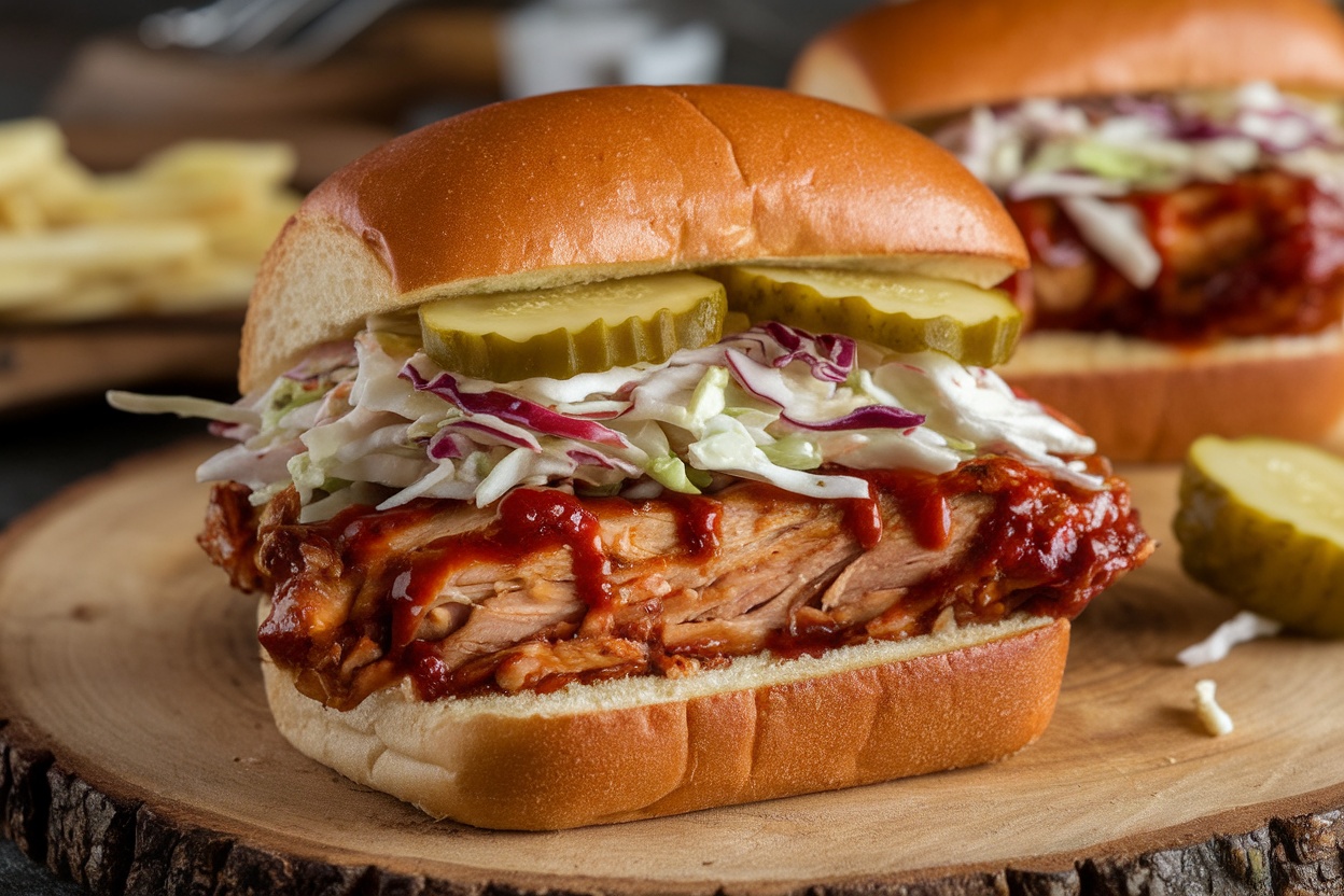 BBQ chicken sandwich with coleslaw and pickles on a wooden plate