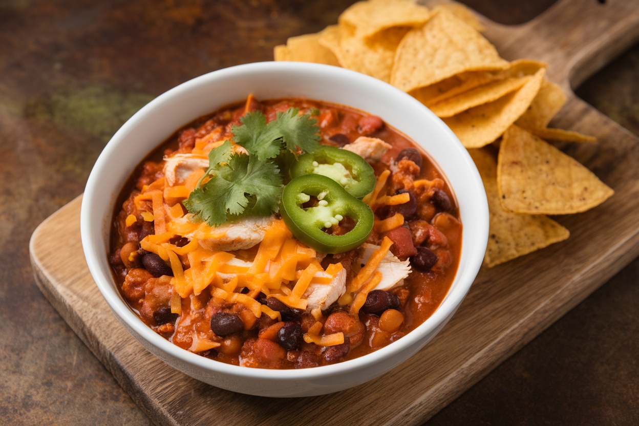 A bowl of chicken and black bean chili topped with cheese, jalapeños, and cilantro, alongside tortilla chips.