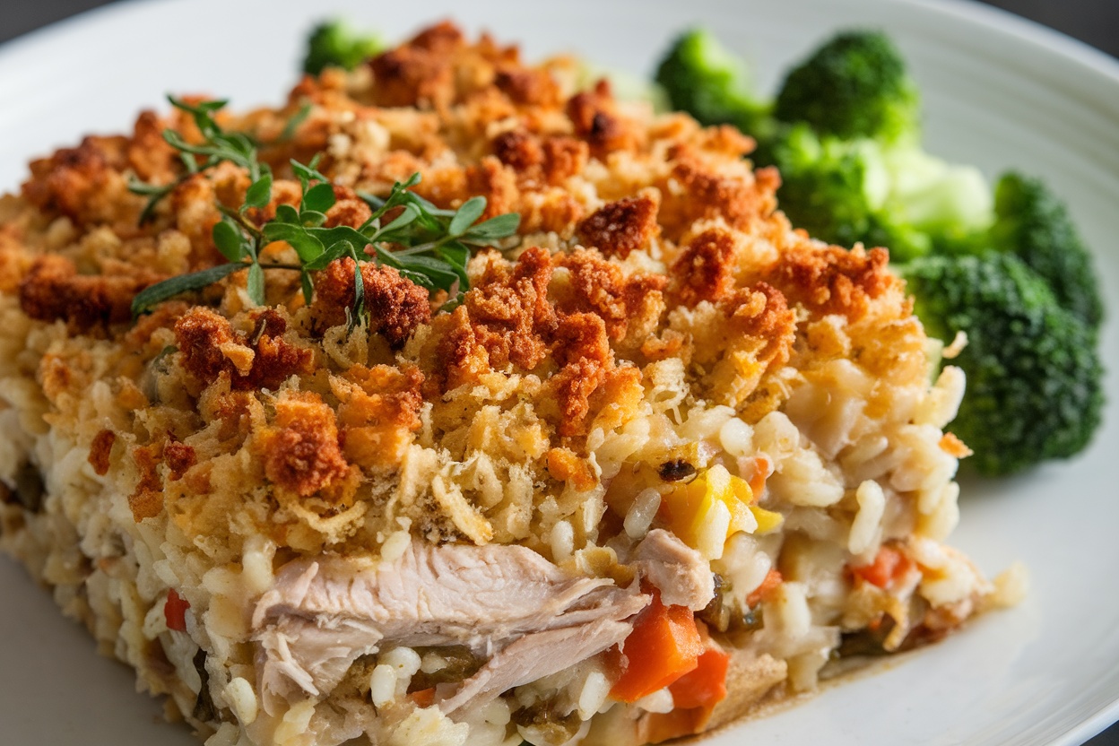 A delicious chicken and rice casserole with a crispy topping, served with broccoli.