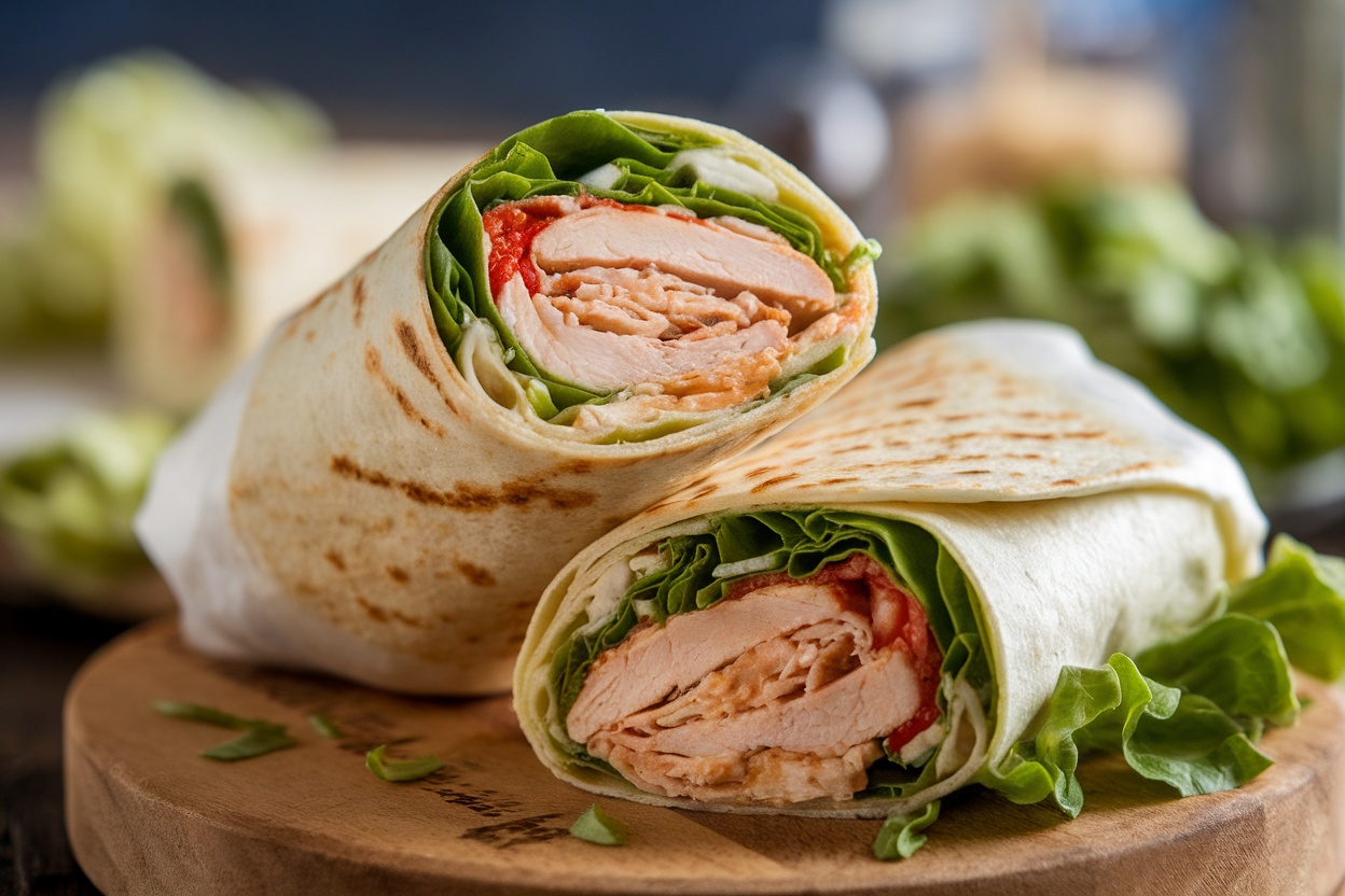 Two chicken Caesar wraps with romaine lettuce on a wooden board.