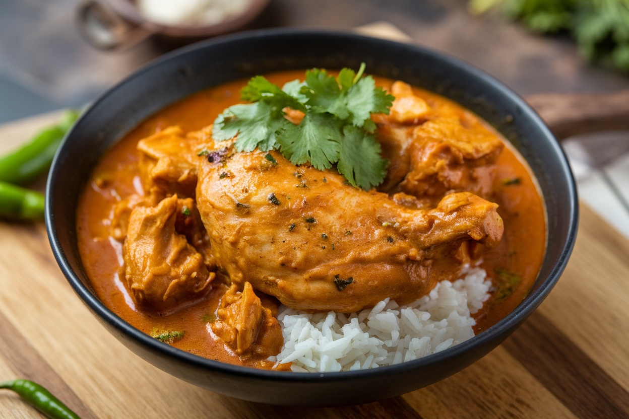 A bowl of chicken curry with rice garnished with cilantro