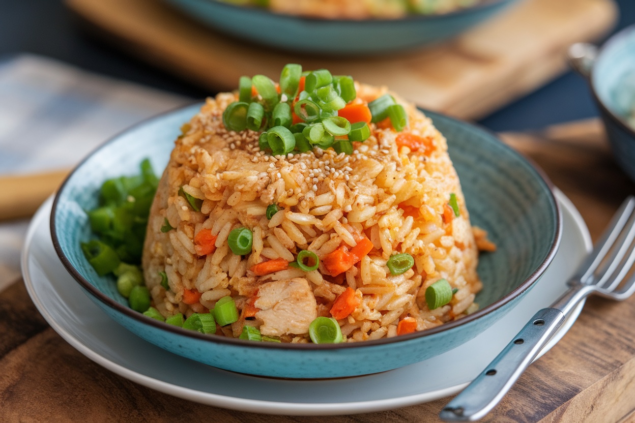 A bowl of chicken fried rice topped with green onions and sesame seeds.