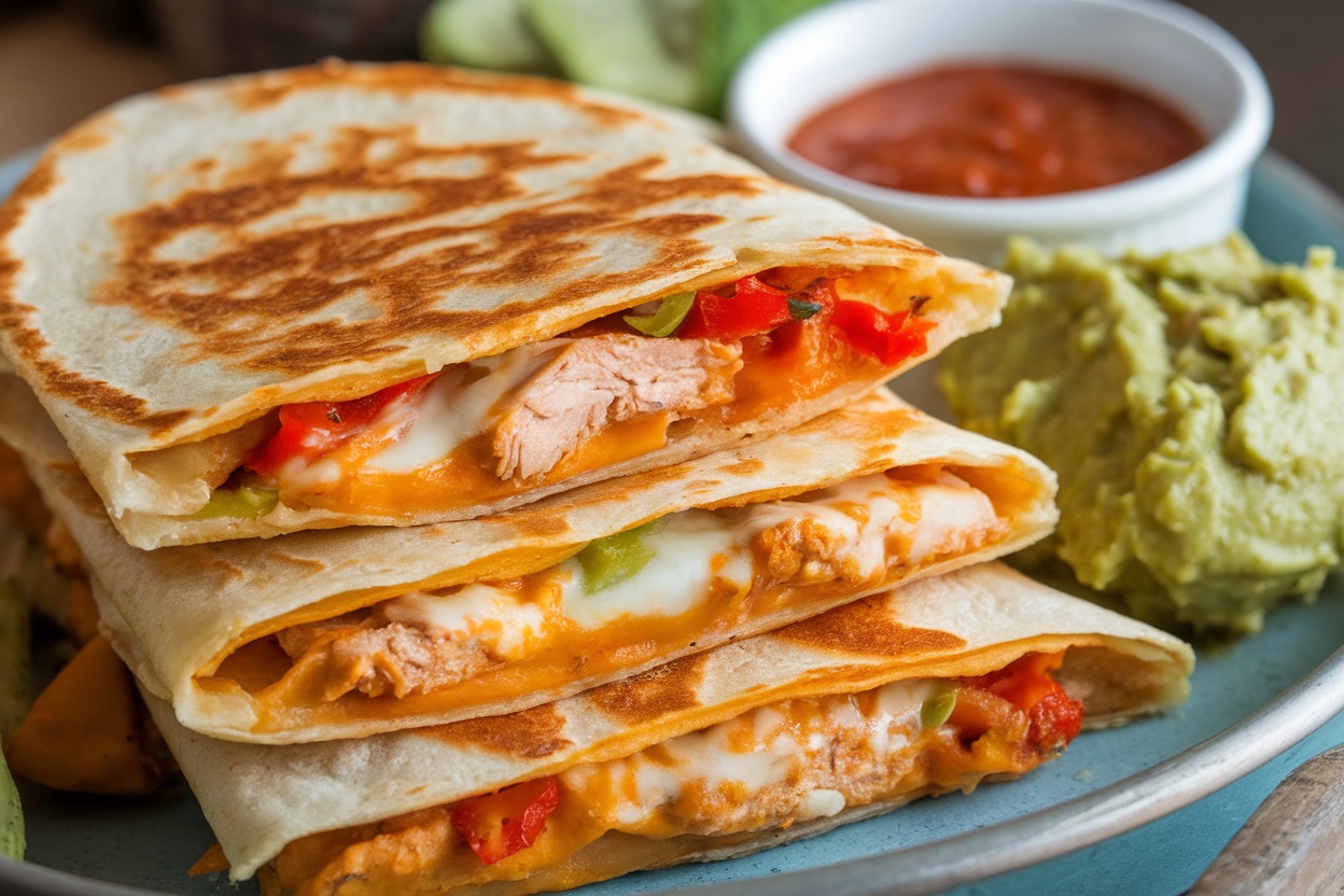 A plate of chicken quesadillas stacked with cheese and peppers, accompanied by salsa and guacamole.