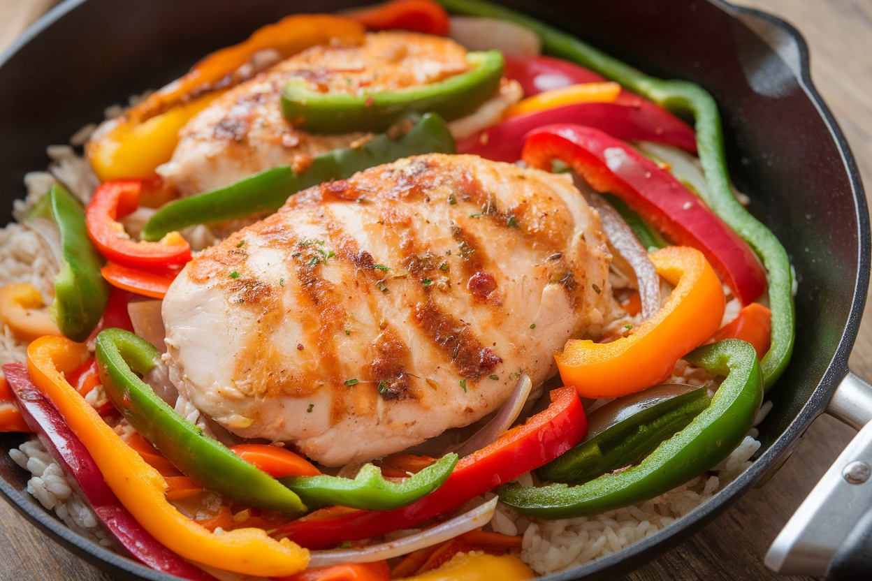 A skillet filled with stir-fried chicken and colorful mixed vegetables