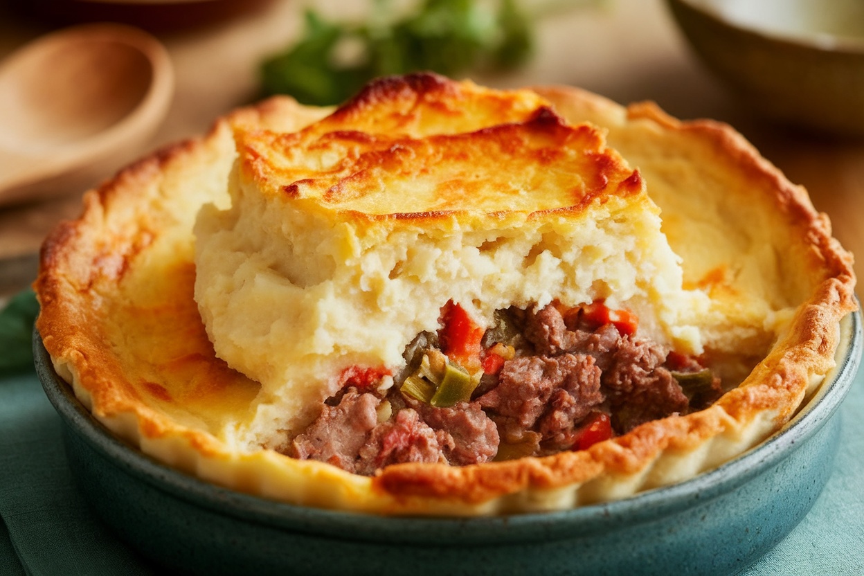 A delicious cottage pie with mashed potato topping, showcasing a golden crust and hearty filling.