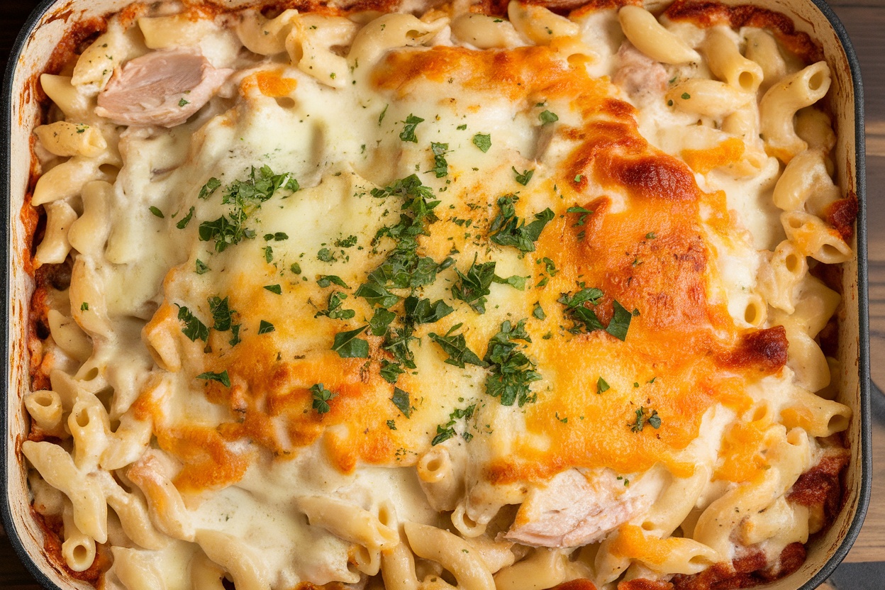 A delicious creamy chicken Alfredo pasta bake topped with cheese and herbs