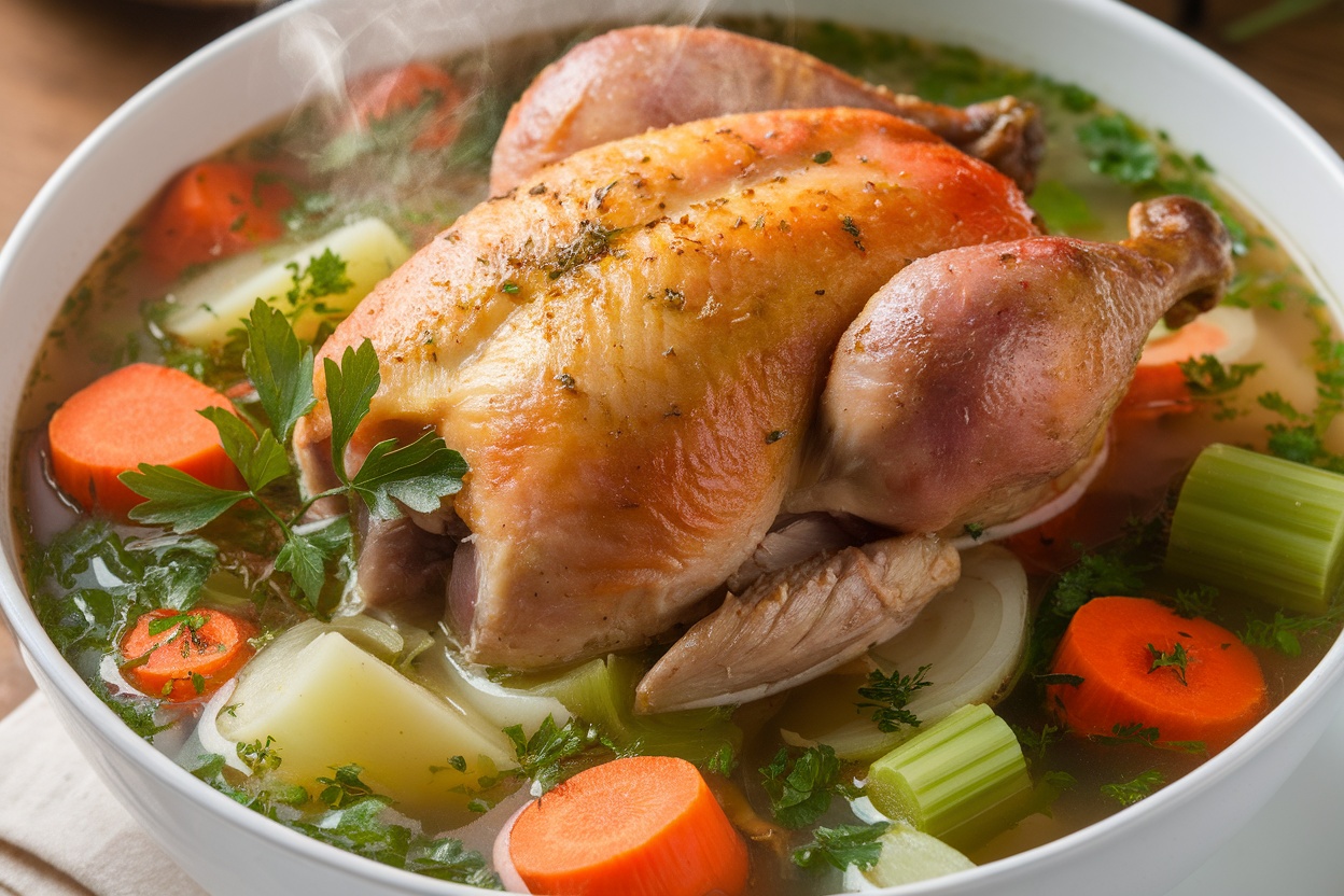 A bowl of hearty chicken soup with vegetables, featuring a whole rotisserie chicken, carrots, celery, and potatoes.