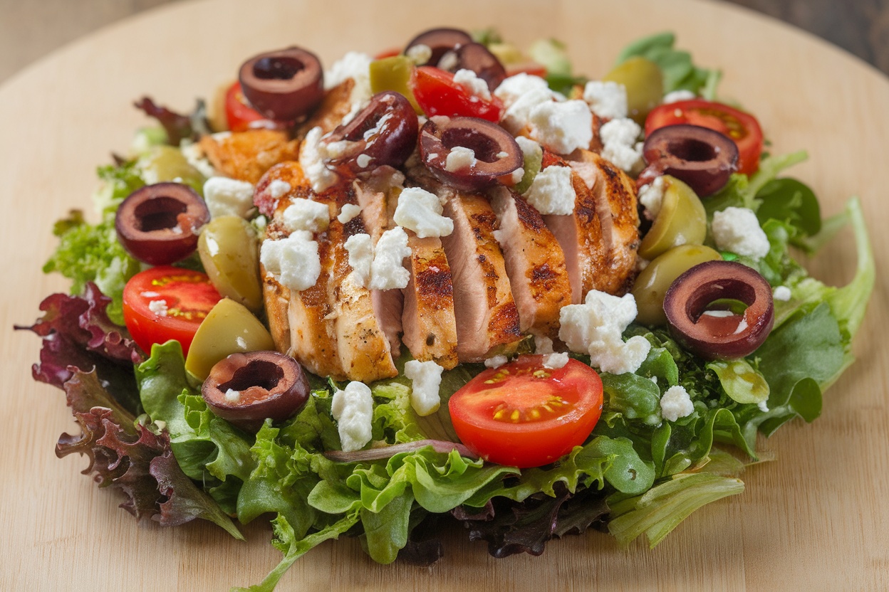 A colorful Mediterranean chicken salad with greens, sliced chicken, olives, tomatoes, and feta.