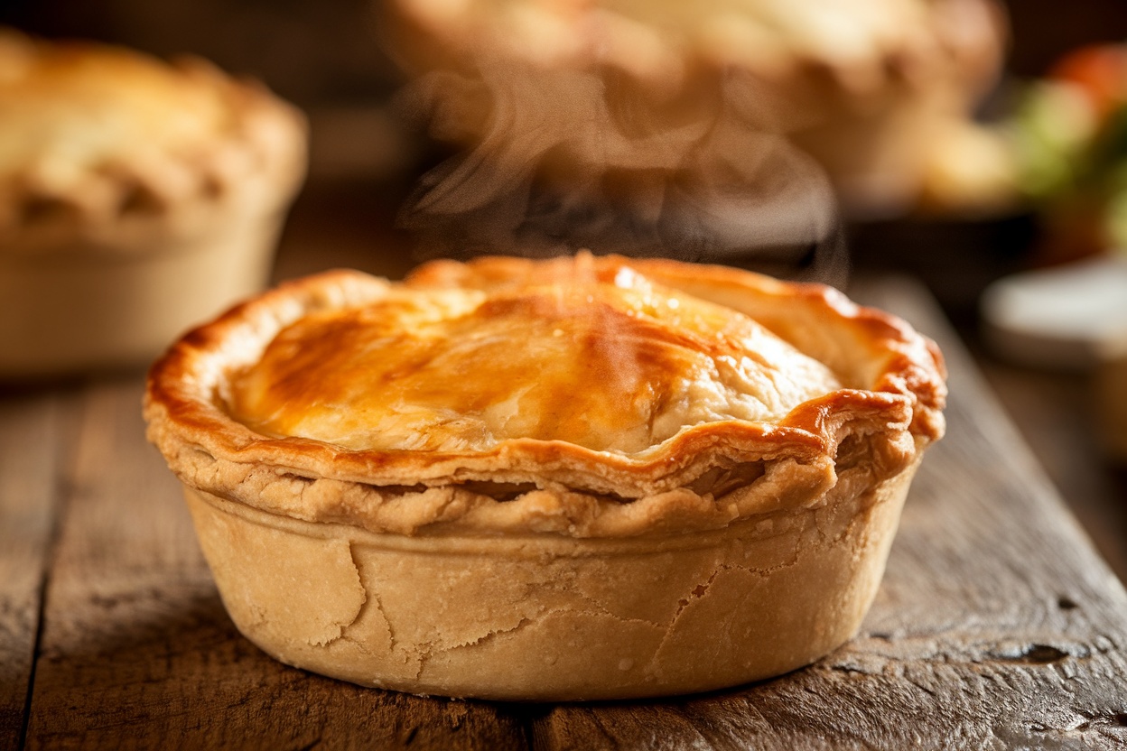 A fresh homemade chicken pot pie with a golden crust on a wooden table.