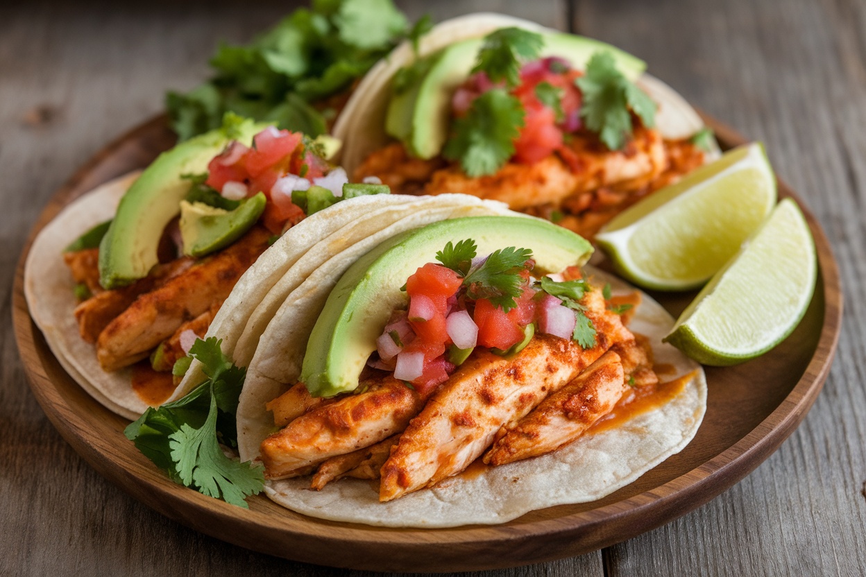 Three chicken tacos topped with avocado, cilantro, and fresh salsa on a wooden plate.